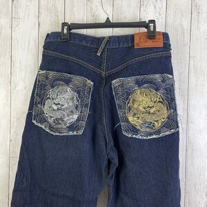 Vtg Y2k Brooklyn Xpress Baggy Denim 34 Dragon Embroidered Jeans Grunge Hiphop